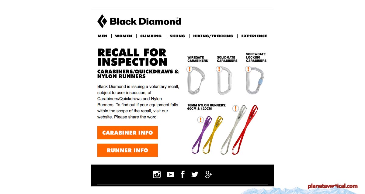 Black Diamond retira por seguridad una serie de mosquetones y anillos de cinta